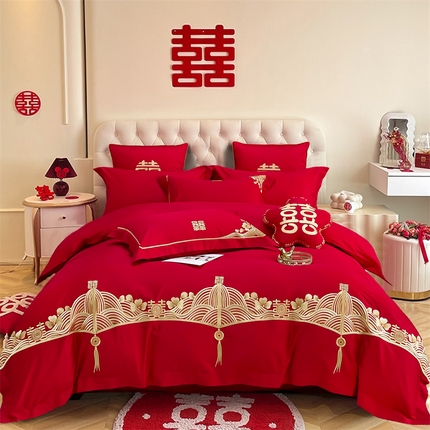 91家纺网 家纺一手货源 找家纺 甜咪咪婚庆 2024新品婚庆结婚刺绣新中式全棉四件套多件套 星月神话  金