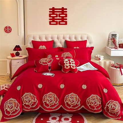 91家纺网 家纺一手货源 找家纺 甜咪咪婚庆 2024新品婚庆结婚刺绣新中式全棉四件套多件套 玫瑰密语