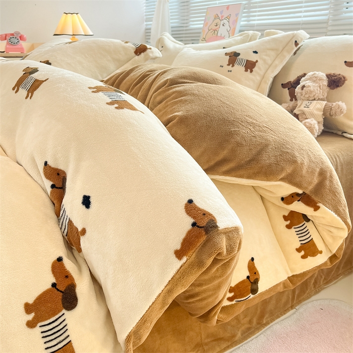 91家纺网 家纺一手货源 找家纺 2024新款A类AB版加厚保暖双面牛奶绒印花四件套--小清新系列 小狗