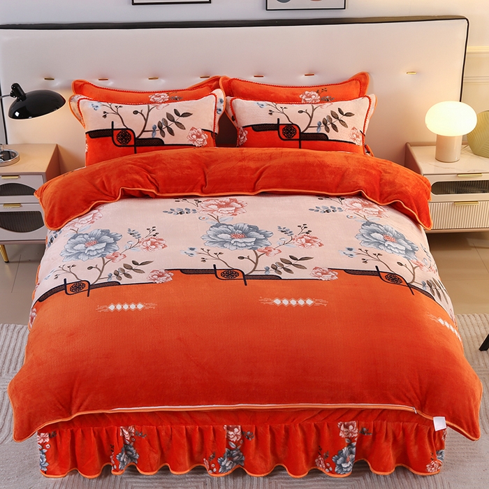 91家纺网 家纺一手货源 找家纺 代芙家纺 7斤重牛奶绒金貂四件套抗静电法莱绒珊瑚绒床裙 国色天香