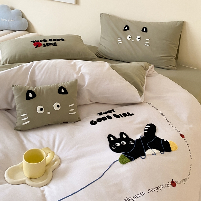 91家纺网 家纺一手货源 找家纺 宜家坊 2024全棉磨毛大版印加绣四件套【提供买家秀】 线团小猫