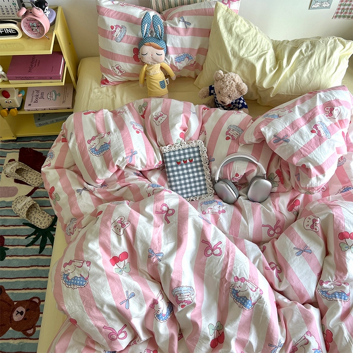 91家纺网 家纺一手货源 找家纺 原素 2024学生季专属A类水洗棉印花四件套 兔兔下午茶