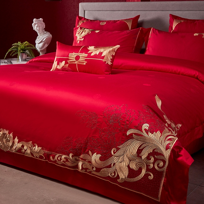 91家纺网 家纺一手货源 找家纺 2025新款长绒棉长绒棉贡缎提花款新中式古典韵味精美刺绣婚庆四件套多件套 盛世华章