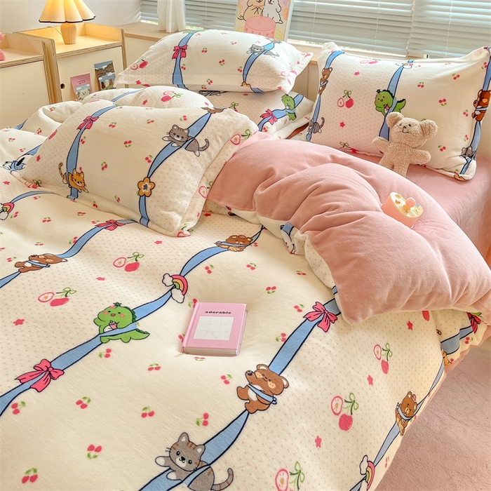 91家纺网 家纺一手货源 找家纺 2024新款A类AB版加厚保暖双面牛奶绒印花四件套--小清新系列 动物线条