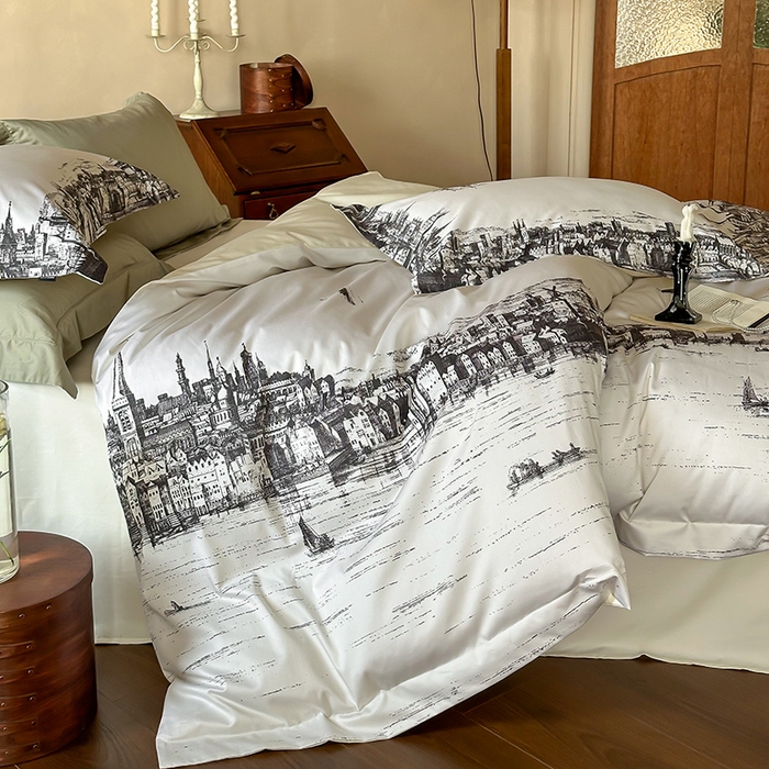 91家纺网 家纺一手货源 找家纺 （总）窝米 2024新款数码印花100支长绒棉宽边工艺四件套-塞纳河畔