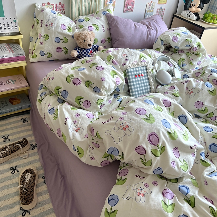 91家纺网 家纺一手货源 找家纺 原素 2024学生季专属A类水洗棉印花四件套 萌宠郁金香