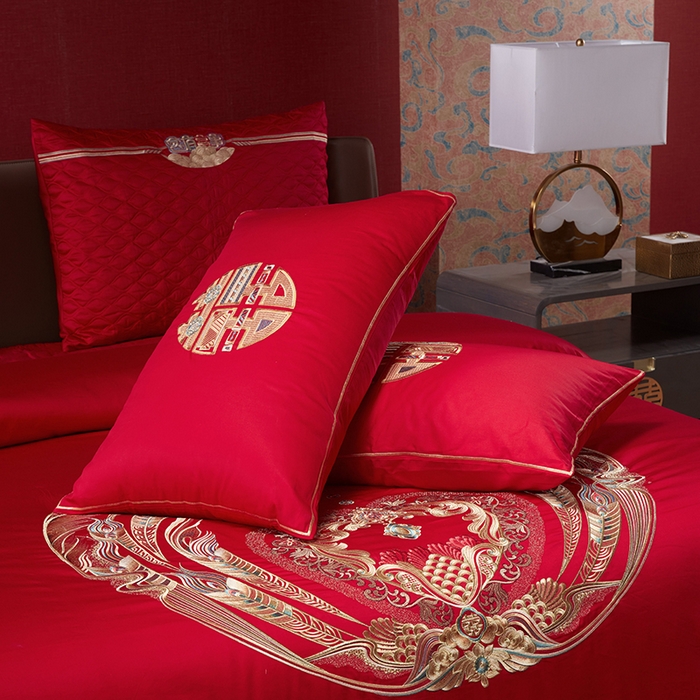 91家纺网 家纺一手货源 找家纺 2025新款长绒棉长绒棉贡缎提花款新中式古典韵味精美刺绣婚庆四件套多件套 喜满天下-