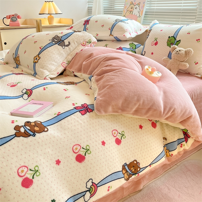 91家纺网 家纺一手货源 找家纺 2024新款A类AB版加厚保暖双面牛奶绒印花四件套--小清新系列 动物线条