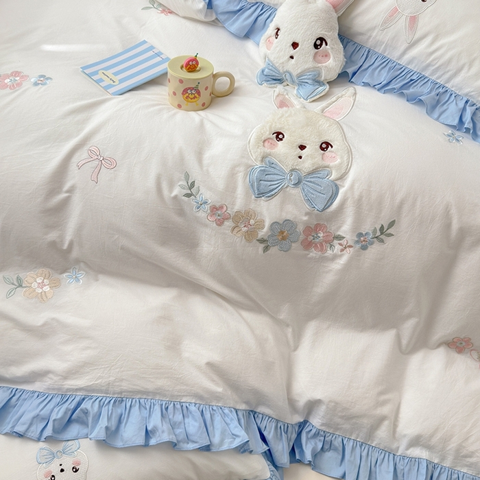 91家纺网 家纺一手货源 找家纺 （总）蜜柚 2024新款A类全棉加厚水洗棉韩版小清新绣花工艺四件套-萌萌兔.