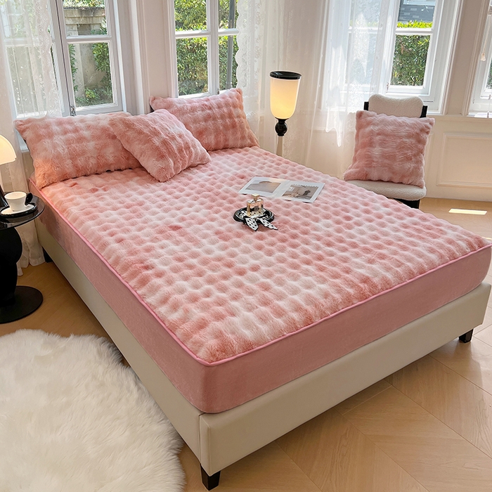 91家纺网 家纺一手货源 找家纺 梦舒羽 2025新款兔毛绒床笠水晶绒床垫保护套牛奶绒床垫套 梦幻樱粉