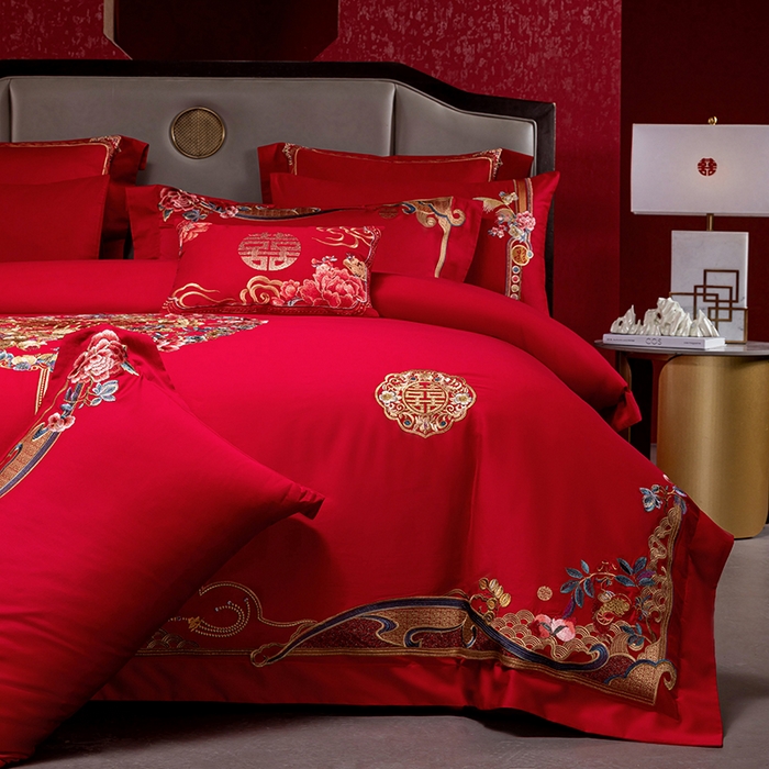 91家纺网 家纺一手货源 找家纺 2025新款长绒棉长绒棉贡缎提花款新中式古典韵味精美刺绣婚庆四件套多件套 良辰美景