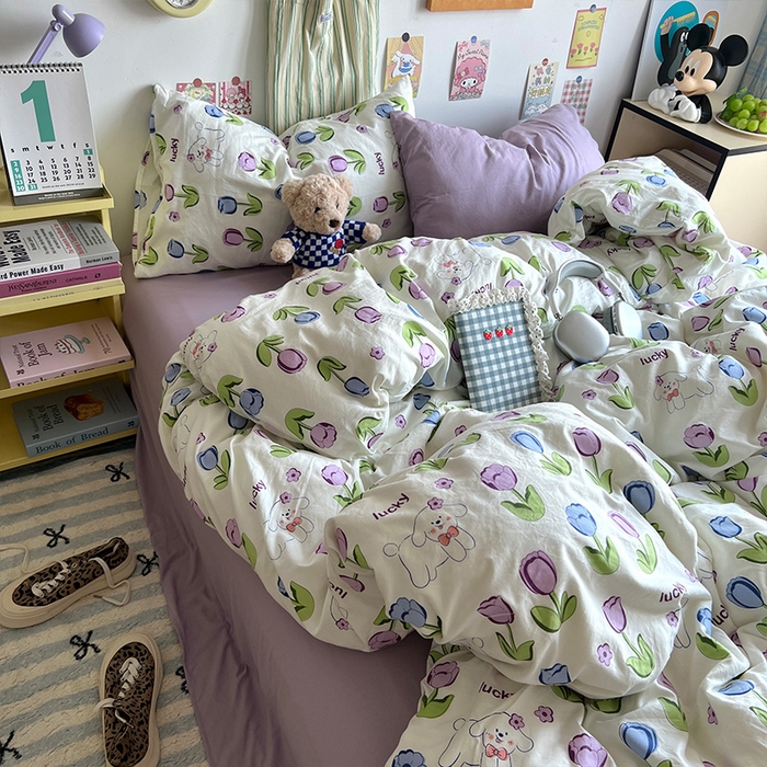 91家纺网 家纺一手货源 找家纺 原素 2024学生季专属A类水洗棉印花四件套 萌宠郁金香