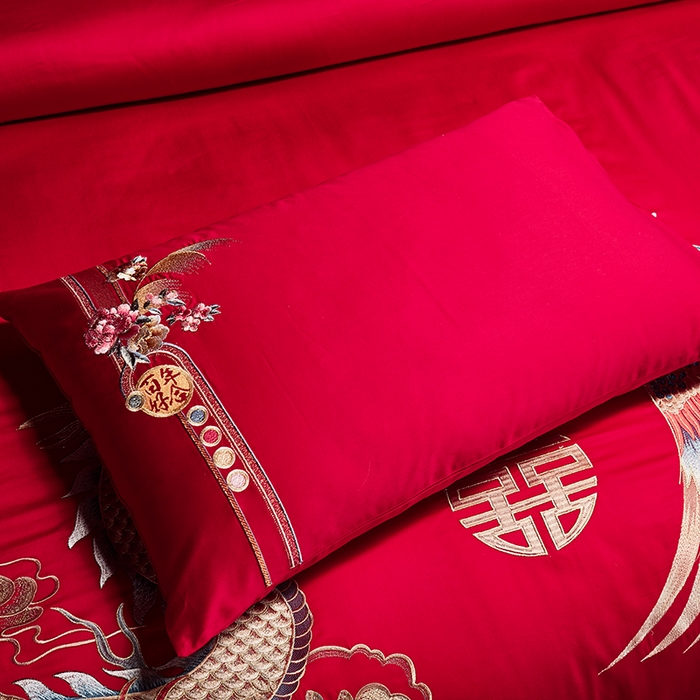91家纺网 家纺一手货源 找家纺 2025新款长绒棉长绒棉贡缎提花款新中式古典韵味精美刺绣婚庆四件套多件套 龙凤吉祥