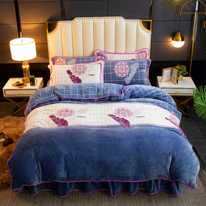 91家纺网 家纺一手货源 找家纺 代芙家纺 7斤重牛奶绒金貂四件套抗静电法莱绒珊瑚绒床裙 似水流年