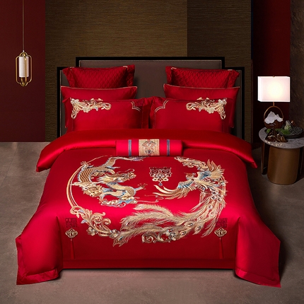 2025新款长绒棉长绒棉贡缎提花款新中式古典韵味精美刺绣婚庆四件套多件套 龙凤团圆