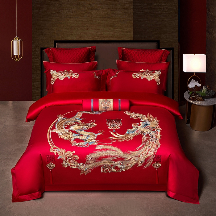 91家纺网 家纺一手货源 找家纺 2025新款长绒棉长绒棉贡缎提花款新中式古典韵味精美刺绣婚庆四件套多件套 龙凤团圆