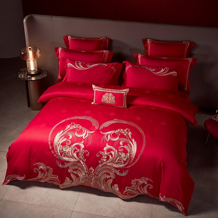 91家纺网 家纺一手货源 找家纺 2025新款长绒棉长绒棉贡缎提花款新中式古典韵味精美刺绣婚庆四件套多件套 永结同心