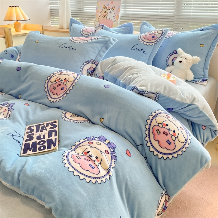 91家纺网 家纺一手货源 找家纺 2024新款A类AB版加厚保暖双面牛奶绒印花四件套--小清新系列 蓝底兔