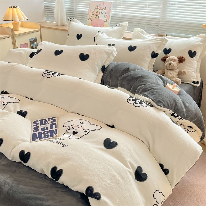 91家纺网 家纺一手货源 找家纺 2024新款A类AB版加厚保暖双面牛奶绒印花四件套--小清新系列 暖心小狗