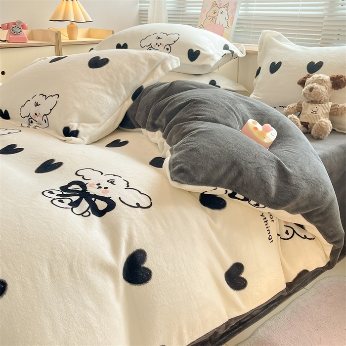 91家纺网 家纺一手货源 找家纺 2024新款A类AB版加厚保暖双面牛奶绒印花四件套--小清新系列 暖心小狗