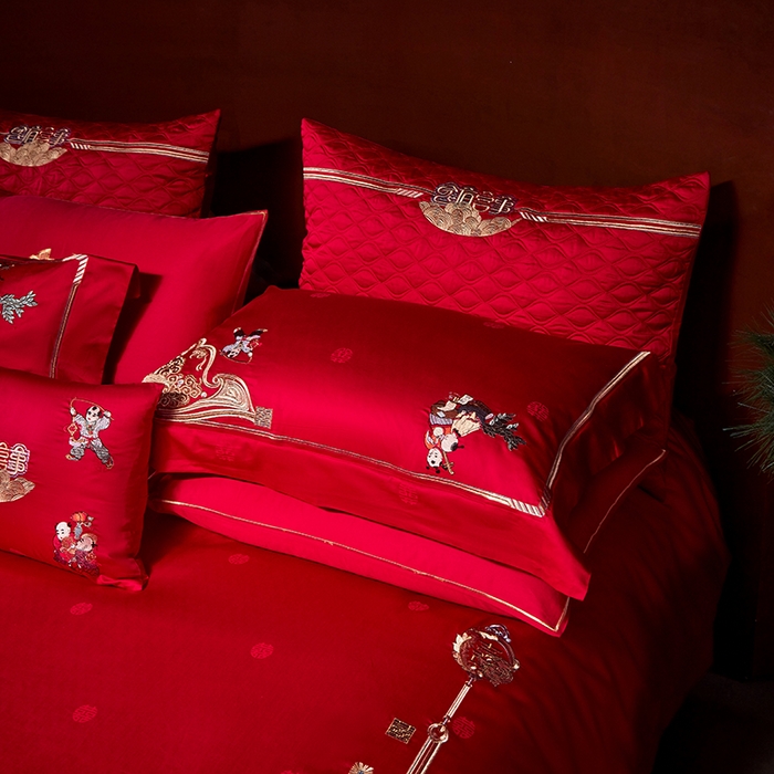 91家纺网 家纺一手货源 找家纺 2025新款长绒棉长绒棉贡缎提花款新中式古典韵味精美刺绣婚庆四件套多件套 百子纳福