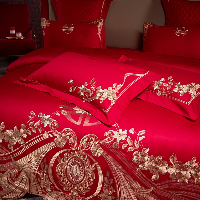 91家纺网 家纺一手货源 找家纺 2025新款长绒棉长绒棉贡缎提花款新中式古典韵味精美刺绣婚庆四件套多件套 牵手一生-金