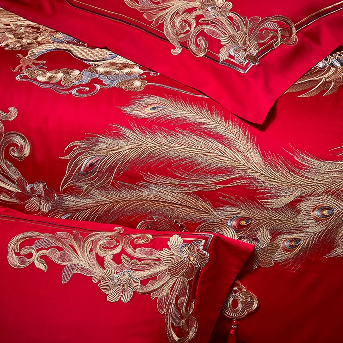 91家纺网 家纺一手货源 找家纺 2025新款长绒棉长绒棉贡缎提花款新中式古典韵味精美刺绣婚庆四件套多件套 龙凤团圆