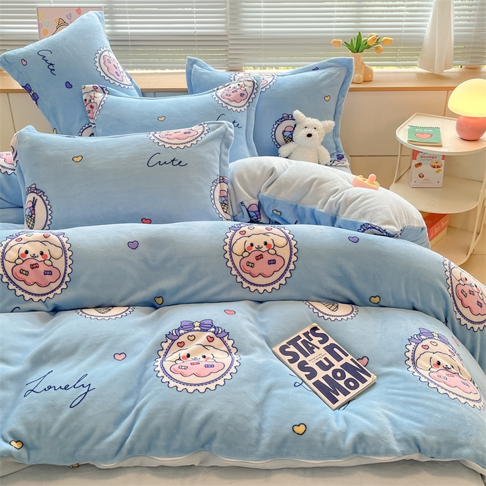 91家纺网 家纺一手货源 找家纺 2024新款A类AB版加厚保暖双面牛奶绒印花四件套--小清新系列 蓝底兔