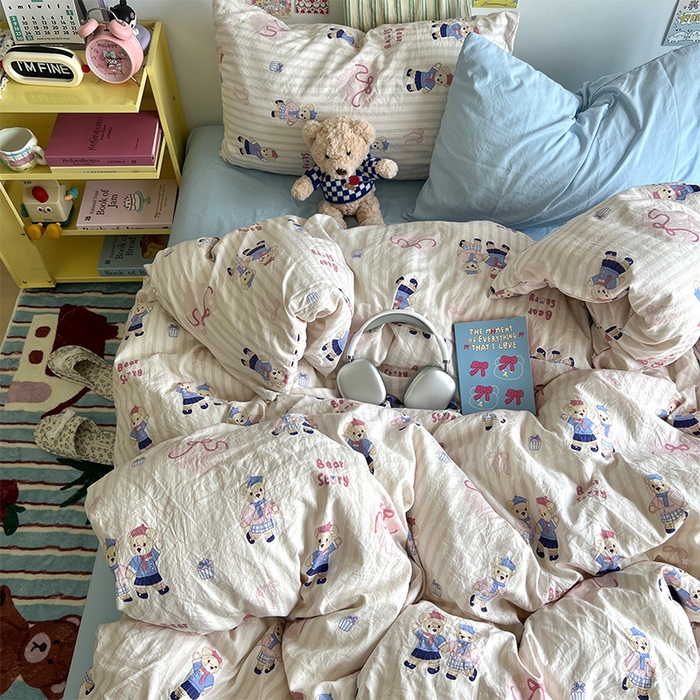 91家纺网 家纺一手货源 找家纺 原素 2024学生季专属A类水洗棉印花四件套 熊熊好朋友