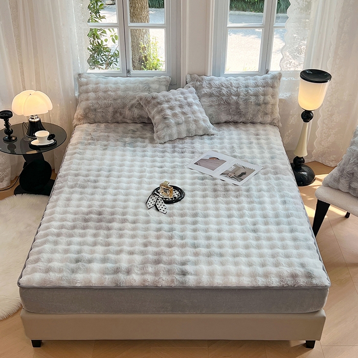 91家纺网 家纺一手货源 找家纺 梦舒羽 2025新款兔毛绒床笠水晶绒床垫保护套牛奶绒床垫套 梦幻浅灰