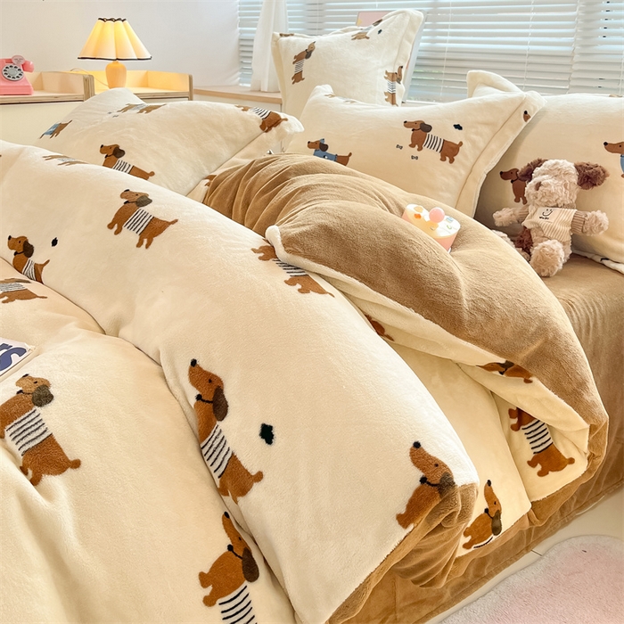 91家纺网 家纺一手货源 找家纺 2024新款A类AB版加厚保暖双面牛奶绒印花四件套--小清新系列 小狗