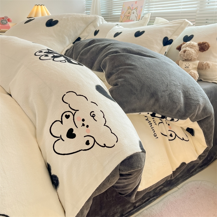 91家纺网 家纺一手货源 找家纺 2024新款A类AB版加厚保暖双面牛奶绒印花四件套--小清新系列 暖心小狗