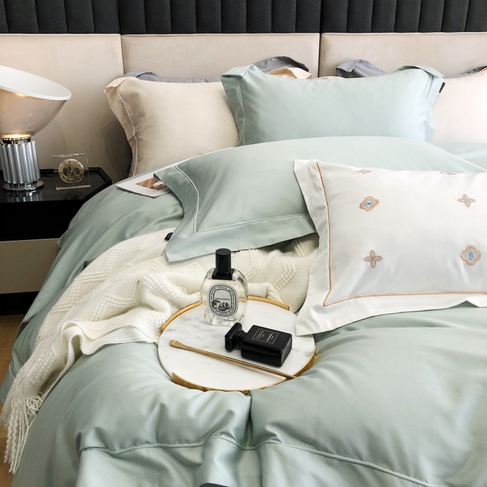 91家纺网 家纺一手货源 找家纺 卡姿家纺 2024新款全棉简爱系列埋线工艺四件套 简爱-蒂芙绿