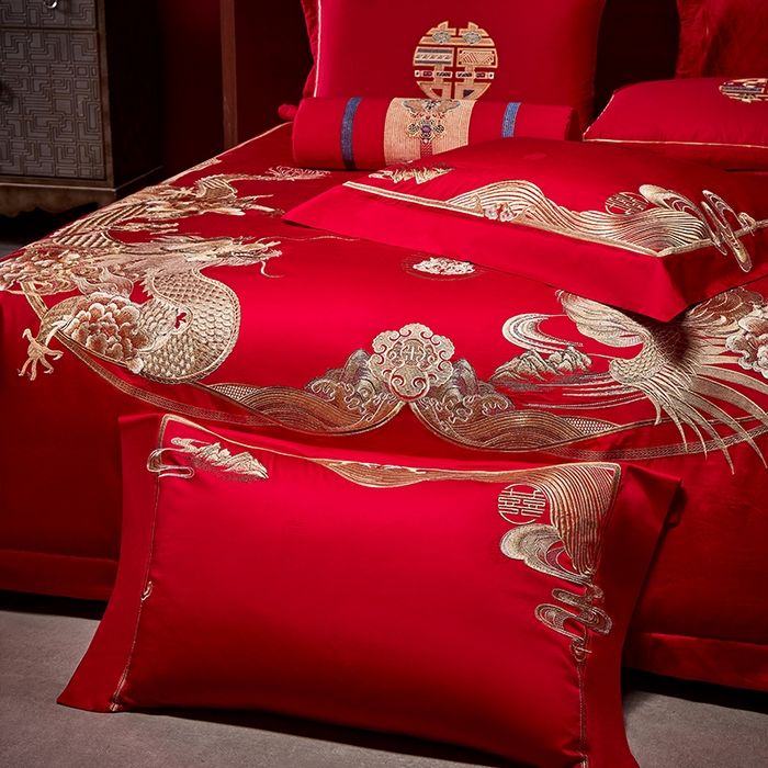 91家纺网 家纺一手货源 找家纺 2025新款长绒棉长绒棉贡缎提花款新中式古典韵味精美刺绣婚庆四件套多件套 金龙玉凤