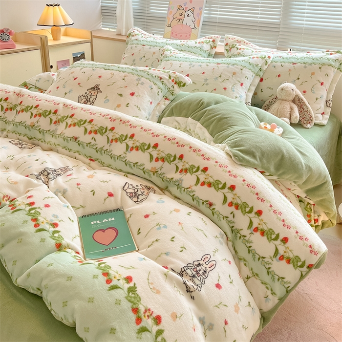 91家纺网 家纺一手货源 找家纺 2024新款A类AB版加厚保暖双面牛奶绒印花四件套--小清新系列 碎花小兔