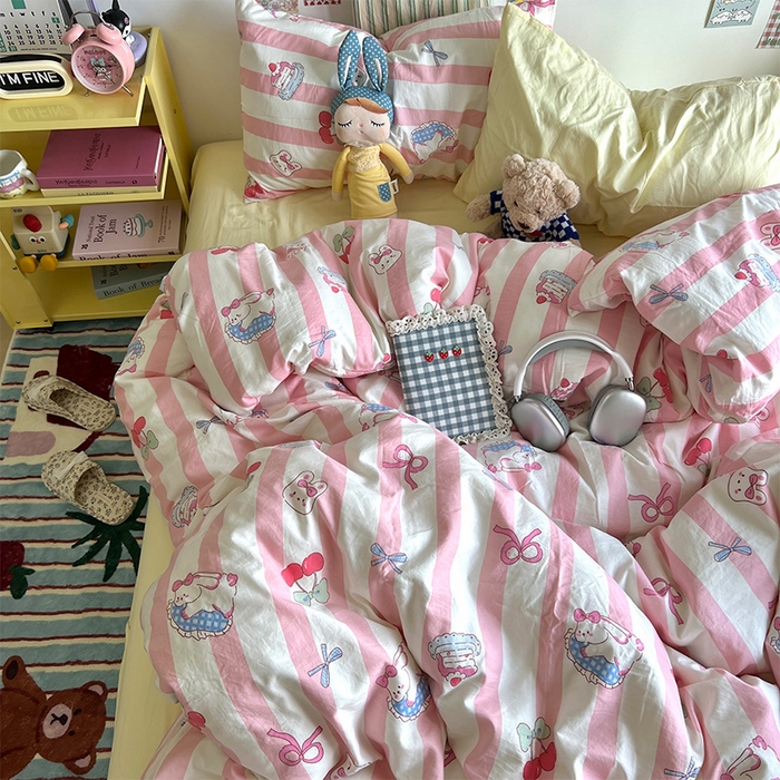 91家纺网 家纺一手货源 找家纺 原素 2024学生季专属A类水洗棉印花四件套 兔兔下午茶