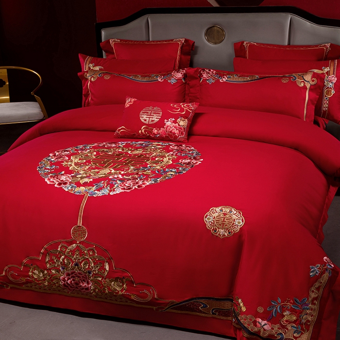 91家纺网 家纺一手货源 找家纺 2025新款长绒棉长绒棉贡缎提花款新中式古典韵味精美刺绣婚庆四件套多件套 良辰美景