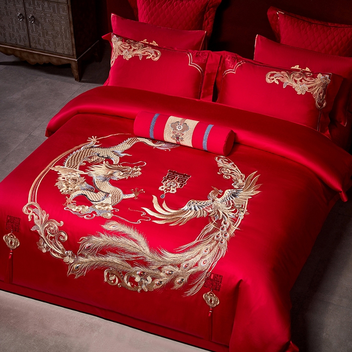 91家纺网 家纺一手货源 找家纺 2025新款长绒棉长绒棉贡缎提花款新中式古典韵味精美刺绣婚庆四件套多件套 龙凤团圆