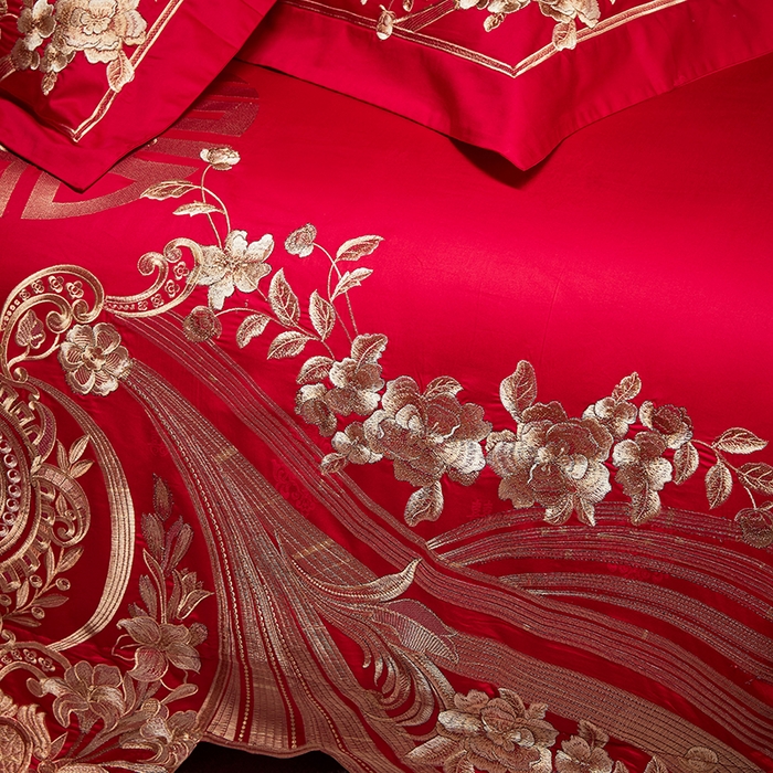 91家纺网 家纺一手货源 找家纺 2025新款长绒棉长绒棉贡缎提花款新中式古典韵味精美刺绣婚庆四件套多件套 牵手一生-金