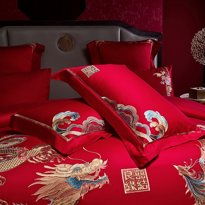 91家纺网 家纺一手货源 找家纺 2025新款长绒棉长绒棉贡缎提花款新中式古典韵味精美刺绣婚庆四件套多件套 龙凤喜缘