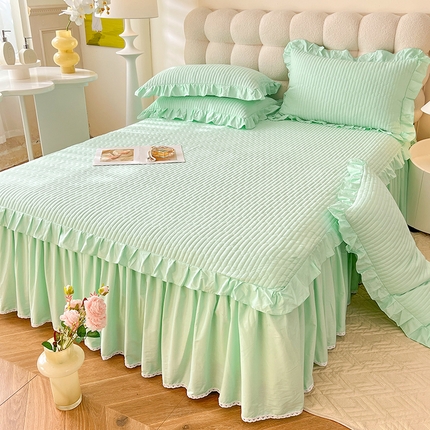 91家纺网 家纺一手货源 找家纺 （总）花香四季 2025新款13376全棉夹棉床裙三件套13372纯棉纯色双层花边（可定制任意尺寸）