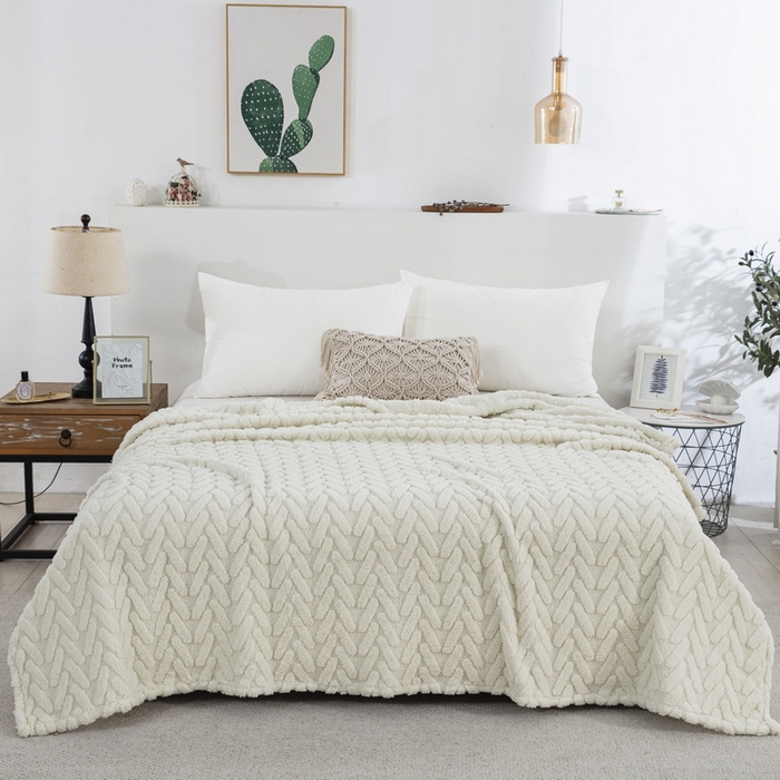 91家纺网 家纺一手货源 找家纺 一左一右 2024秋冬新款高克重单层双面提花塔芙绒毛毯舒棉绒毯多功能毯子外贸跨境电商 米白