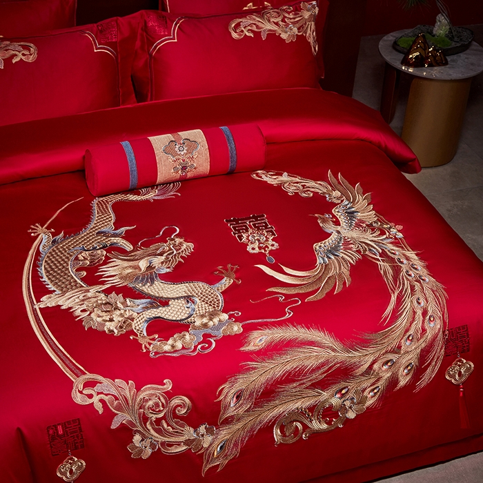91家纺网 家纺一手货源 找家纺 2025新款长绒棉长绒棉贡缎提花款新中式古典韵味精美刺绣婚庆四件套多件套 龙凤团圆