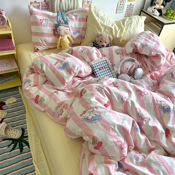 91家纺网 家纺一手货源 找家纺 原素 2024学生季专属A类水洗棉印花四件套 兔兔下午茶