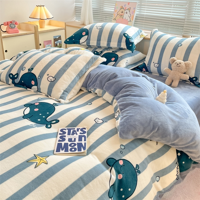 91家纺网 家纺一手货源 找家纺 2024新款A类AB版加厚保暖双面牛奶绒印花四件套--小清新系列 海豚