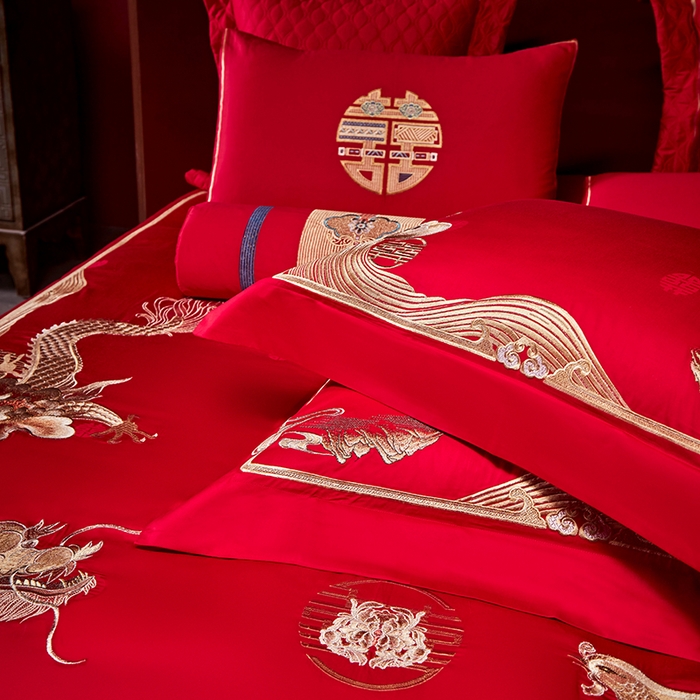 91家纺网 家纺一手货源 找家纺 2025新款长绒棉长绒棉贡缎提花款新中式古典韵味精美刺绣婚庆四件套多件套 金龙玉凤