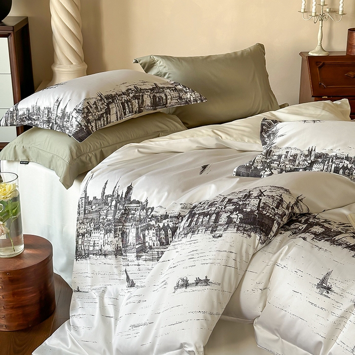 91家纺网 家纺一手货源 找家纺 （总）窝米 2024新款数码印花100支长绒棉宽边工艺四件套-塞纳河畔