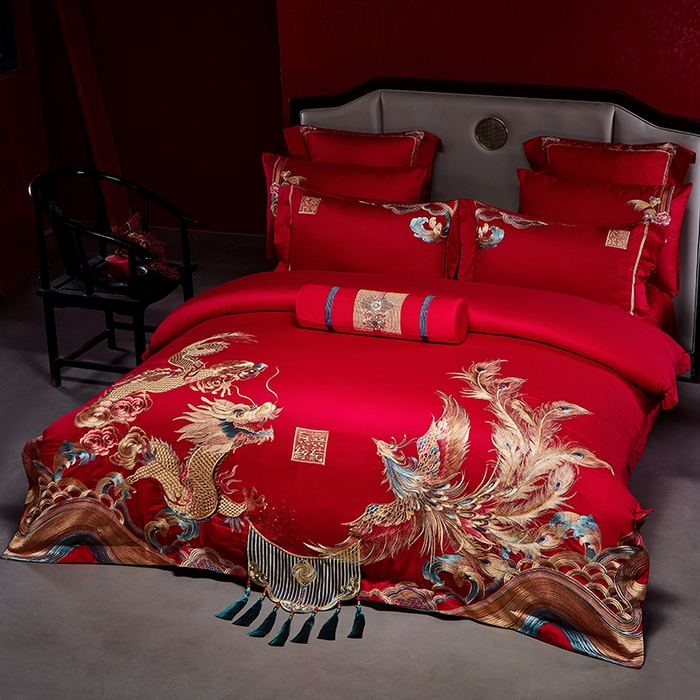 91家纺网 家纺一手货源 找家纺 2025新款长绒棉长绒棉贡缎提花款新中式古典韵味精美刺绣婚庆四件套多件套 龙凤喜缘