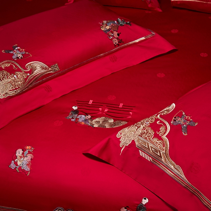 91家纺网 家纺一手货源 找家纺 2025新款长绒棉长绒棉贡缎提花款新中式古典韵味精美刺绣婚庆四件套多件套 百子纳福