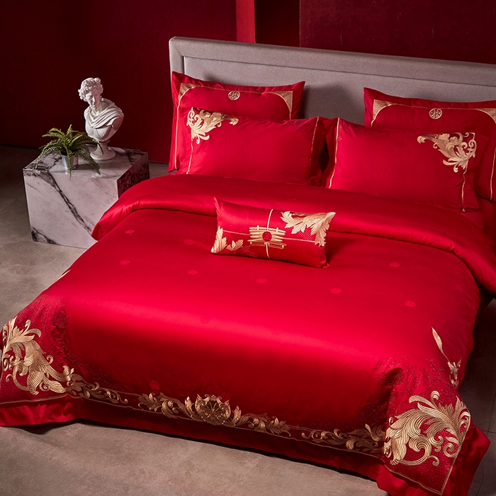 91家纺网 家纺一手货源 找家纺 2025新款长绒棉长绒棉贡缎提花款新中式古典韵味精美刺绣婚庆四件套多件套 盛世华章